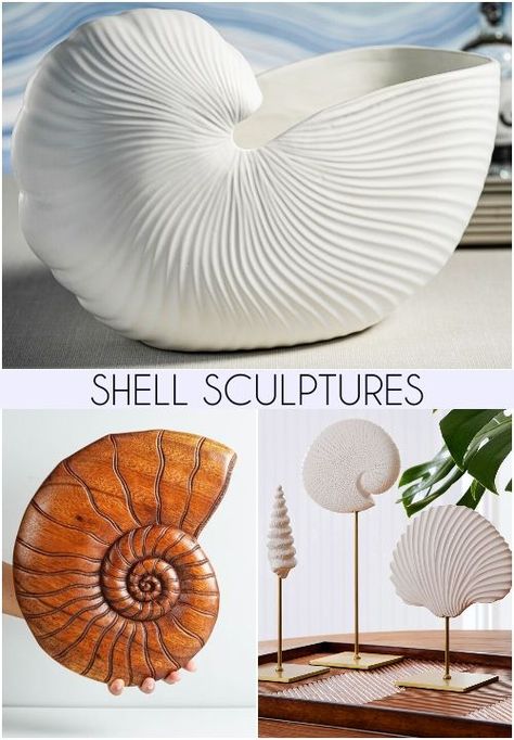 Shell Sculptures | Seashell Statues & Figurines Home Decor Ideas Sea Shell Sculpture, Shell Decor Ideas, Conch Shell Decor, Ocean Craft, Nature Sculpture, Chocolate Store, Ceramic Shell, Shell Sculpture, Shell House