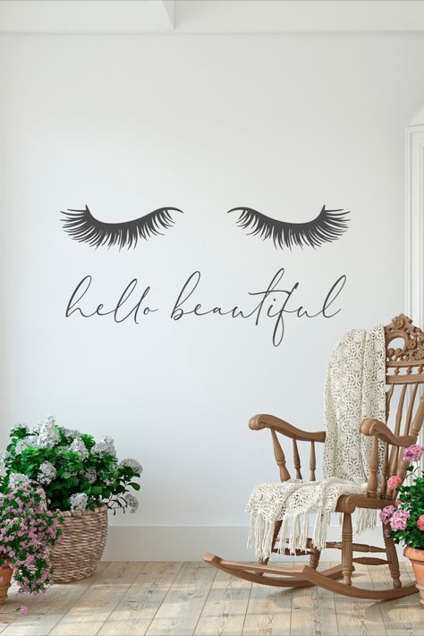 This vinyl wall decal has no clear or colored background. Transfer tape is used to transfer the design to the wall and then removed, leaving only the design on the wall. It is easily removed without damaging interior walls, but it is not reusable. Permanent Makeup Studio Decor, Studio Decoration Ideas, Selfie Wall Ideas Salon, Shop Bathroom Ideas, Wall Art Girls Bedroom, Beauty Wall Art, Makeup Studio Decor, Studio Decoration, Selfie Station