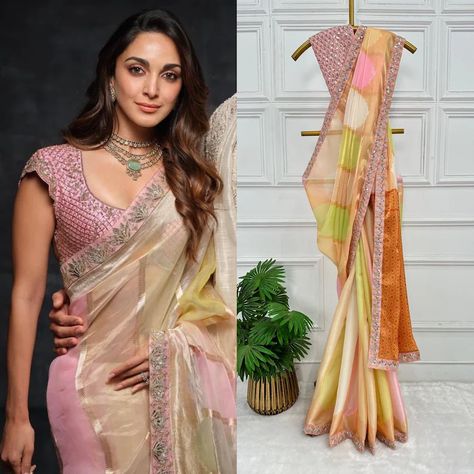 Fancy Work Sarees, Saree 2024 Trend, Kiara In Saree, Cocktail Saree Look, Trending Sarees Indian Weddings, Kiara Saree, Blouse With Silk Saree, Tissue Silk Saree Blouse Design, Wedding Saree Look