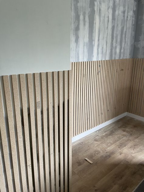 Vertical Wooden Panelling Walls, Small Bathroom Slat Wall, Wood Slat Bathroom Vanity Diy, Half Slated Wall, Diy Wood Slat Half Wall, Half Wall Slats, Slat Wall Chair Rail, Wood Slat Half Wall Bathroom, Slat Wall With Wallpaper