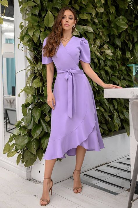 Fabric: crepe diagonal Cotton 65%, Polyester 35% Dress length 123 cm/ 48,4 in  Long-sleeve dress Midi length  Wrap dress Short Sleeve Collarless Available colors: Tiffany blu, Lavender, Whtie Lavender Dress Casual, Vestido Color Lila, Purple Dress Outfits, Lila Dress, Formal Dress Patterns, Wrap Dress Short, Short Sleeve Midi Dress, Purple Midi Dress, Purple Outfits