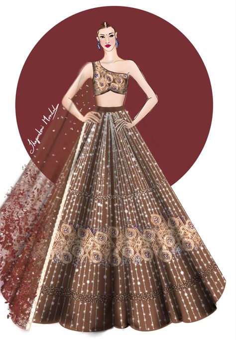 Beautiful fashion illustration design Illustration Of Lehenga, Lehenga Illustration Sketch, Procreate Fashion Illustration, Lehenga Illustration, Texture Rendering, Bride Fashion Illustration, Outfit Illustration, Designer Sketches, Traditional Illustration