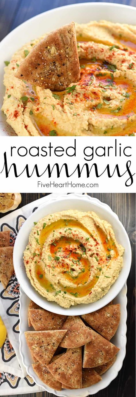 Roasted Garlic Hummus ~ mellow roasted garlic is blended with chickpeas, tahini, olive oil, and lemon juice for a fresh, creamy hummus that's delicious with homemade pita chips or crunchy veggie dippers! | FiveHeartHome.com Roasted Garlic Hummus Recipe, Beets Roasted, Hummus Appetizers, Garlic Hummus Recipe, Pepperoni Dip, Homemade Pita Chips, Creamy Hummus, Homemade Pita, Hummus Recipe Homemade