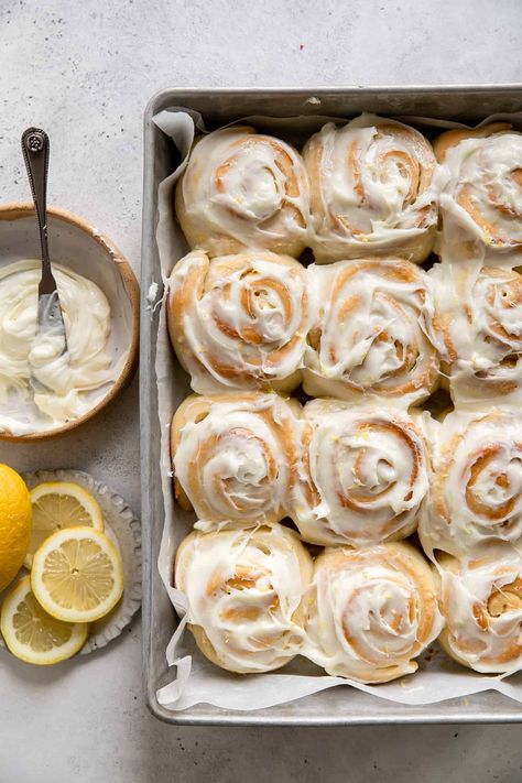 Lemon Cinnamon Rolls, Lemon Sweet Rolls, Lemon Rolls, Quick Cinnamon Rolls, Fit Mitten Kitchen, Sweet Roll Recipe, Lemon Cream Cheese Frosting, Lemon Filling, Homemade Dough