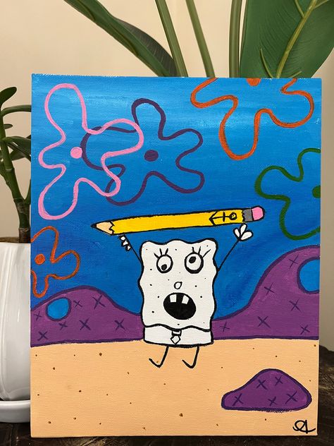 8x10 acrylic spongebob painting on canvas board / made with love <3 Cool Paintings Ideas Easy, Easy Painting Ideas On Canvas Spongebob, Disney Painting Ideas On Canvas Easy, Easy Paint Patterns, Beginners Painting Ideas, Paint Marker Paintings, Cute Canvas Drawings, Big Canvas Painting Ideas Acrylic Easy, Cool Simple Paintings On Canvas