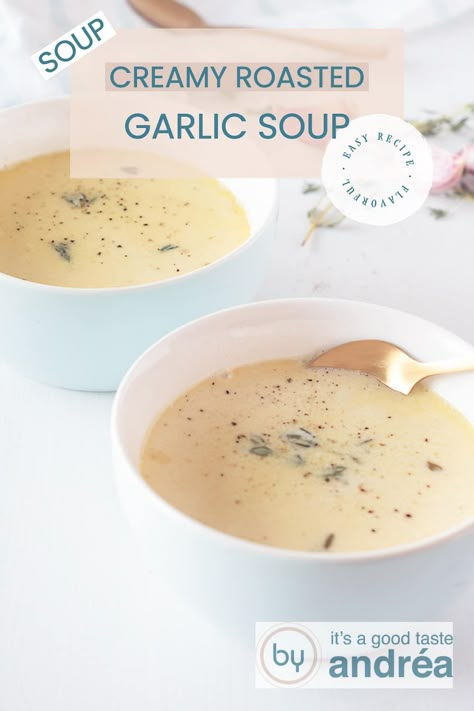 Creamy roasted Garlic Soup with over 40 cloves of garlic, what a delight. The soup has a soft sweet taste with a subtle hint of garlic. The cream makes it wonderfully creamy. This is the surprise of every dinner party, so delicious! Roasted Garlic Soup, Easy Roasted Garlic, Garlic Soup Recipe, Herb Soup, Easy Soup Recipe, Parmesan Soup, Roasted Garlic Cloves, Bread Soup, Garlic Soup