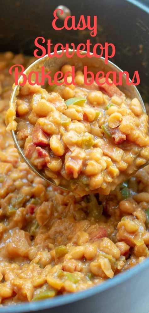 45 minutes is all it takes to make these insanely easy stovetop baked beans. Your family is going to love them. #baked beans #stovetop baked beans #easy baked beans Stove Top Baked Beans Recipe, Stovetop Baked Beans, Beans Stovetop, Easy Baked Beans Recipe, Simple Baked Beans Recipe, Perfect Picnic Food, Easy Baked Beans, Best Potato Salad Recipe, Baked Beans Recipe