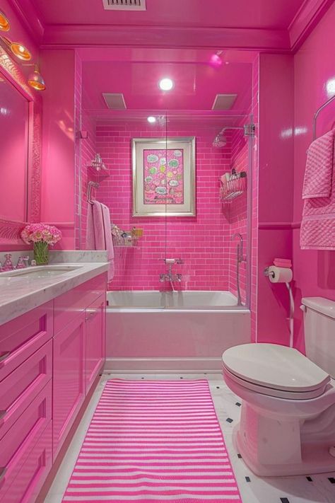 Bright Fun Bathroom, Bright Wallpaper Bathroom, Fun Colorful Bathroom, Toilet Bathroom Ideas, Hot Pink Bathroom, Girly Bathroom Decor, Pink Bathroom Tiles, Pink Bathrooms, Barbie Bathroom