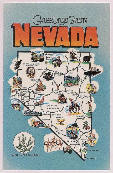 Nevada Map Postcard - Retro Tourist Map Souvenir - Vintage ... Nevada Las Vegas, Nevada Aesthetic, State Project, Nevada Map, Lake Las Vegas, Tahoe City, Usa Trip, Barbara Ann, Boulder City