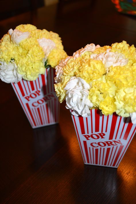 Yellow and white carnation "popcorn" centerpieces for movie or Oscar party... #popcorncenterpiece #movieparty #oscarparty Popcorn Centerpieces, White Carnation, Prom Ideas, Oscar Party, Dorothy Perkins, Popcorn, Table Top, Prom, Yellow