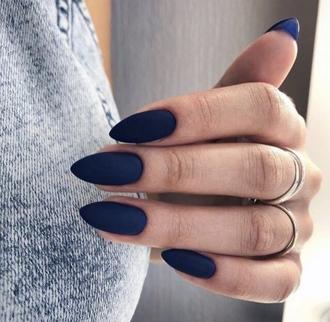 Matte Dark Blue Acrylic Nails, Navy Blue Nails Acrylic Matte, Mate Blue Nails, Matt Navy Nails, Mat Color Nails, Matte Solid Color Nails, Solid Matte Nails, Matt Dark Blue Nails, Matte Blue Almond Nails