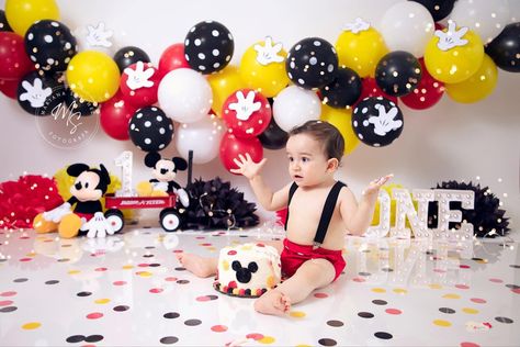 Mickey Mouse One Year Photoshoot, Mickey Mouse Photo Shoot Ideas, Mickey Mouse Photoshoot, Disney Cake Smash, Mickey Mouse Baby Birthday, Mickey Mouse Cake Smash, Cameron James, Mickey Mouse Birthday Theme, Mickey Mouse Birthday Decorations