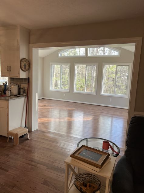 Living Room To Deck Transition, Living Room Full Of Windows, Sunroom Off Kitchen Ideas, Back Room Addition, Converting Porch To Living Space, Sunroom Designs Room Additions, Living Room Addition Off Kitchen, Split Level Sunroom Addition, Living Room With Sunroom Attached