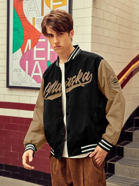 Men Letter Graphic Button Up Baseball Jacket | SHEIN Letterman Jacket Outfit, Baseball Jacket Outfit, Baseball Jacket Men, Men Outerwear, Fashion Outerwear, Mens Rain Jacket, College Jackets, Men Photoshoot, Casual Trends