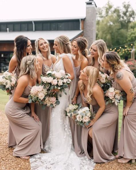 Birdy Grey Taupe, Woodsy Background, Taupe Wedding Colors, Bridal Party Color Schemes, Crepe Dresses, Starry Wedding, Taupe Bridesmaid, Bridal Parties Colors, Taupe Wedding