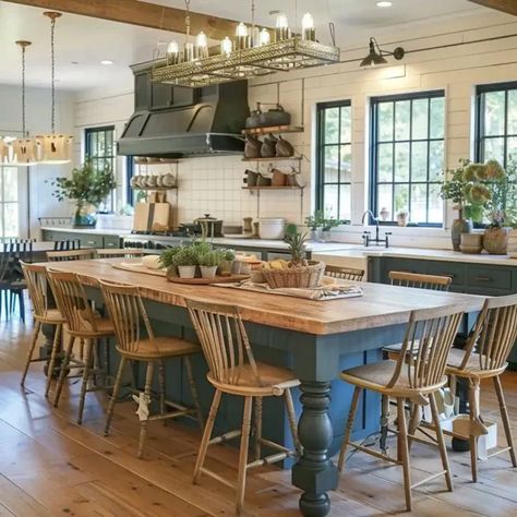 Kitchen Table In The Middle Of Kitchen, Large Kitchen Island With Seating Rustic, Large Kitchen Island With Bench Seating, Kitchen Island Seats 10, Kitchen Island With Eating Table, Large Farmhouse Kitchen Layout, Harvest Table Island, Open Concept Kitchen Island, Kitchen Layout Ideas With Island Large