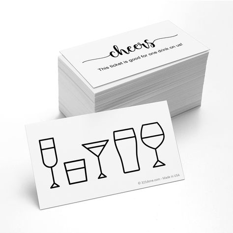 PRICES MAY VARY. SUPERIOR QUALITY: Designed and made in the USA using premium paper and print - the kind of quality you want for formal event drink tickets! PREMIUM CARDS: (100) bright white, 3.5 x 2 inch "one drink on us" coupon cards made with thick, heavy, 14pt (140lb/300gsm) card stock SMUDGE-PROOF PRINT: Sharp, saturated, printing that won't smudge in guests' hands or on the bar top VERSATILE DESIGN: Printed with a cute cocktail design on one side and simple script on the other, these cards