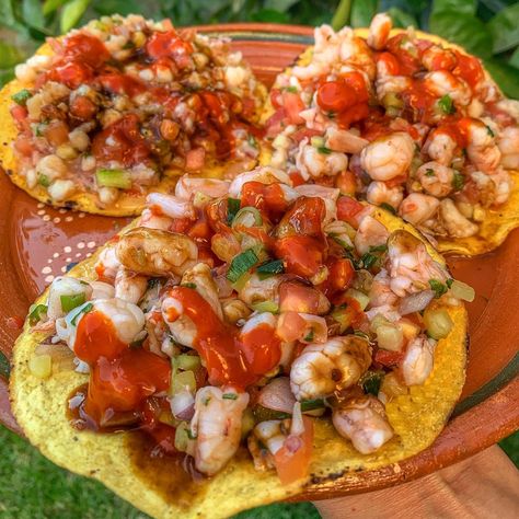 Shrimp Tostadas My husband and kids... - Mexican Food Recipes | Facebook Baked Clams Oreganata, Romaine Hearts, Tostadas Recipe, Beef Braciole, Shrimp Tostadas, Sausage Ragu, Mexican Stew, How To Make Shrimp, Marinated Shrimp