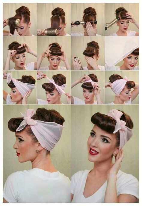 Stile Pin Up, Cabelo Pin Up, Vintage Hairstyles Tutorial, 1950s Hairstyles, 50s Hairstyles, Rockabilly Hair, Hair Scarf Styles, Girl Braids, Pin Up Hair