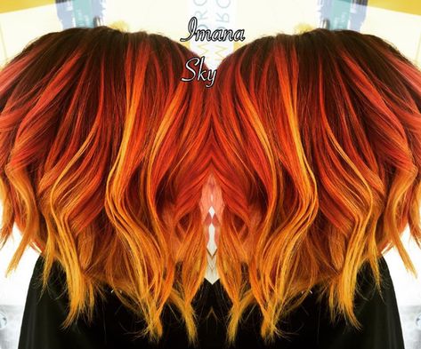 Fire Hair: Fiery Short Hair Purple Roots, Sunset Hair Color, Biolage Hair, Cheveux Oranges, Sunset Hair, Fire Hair, Rainbow Hair Color, Hair Balayage, Short Hair Color