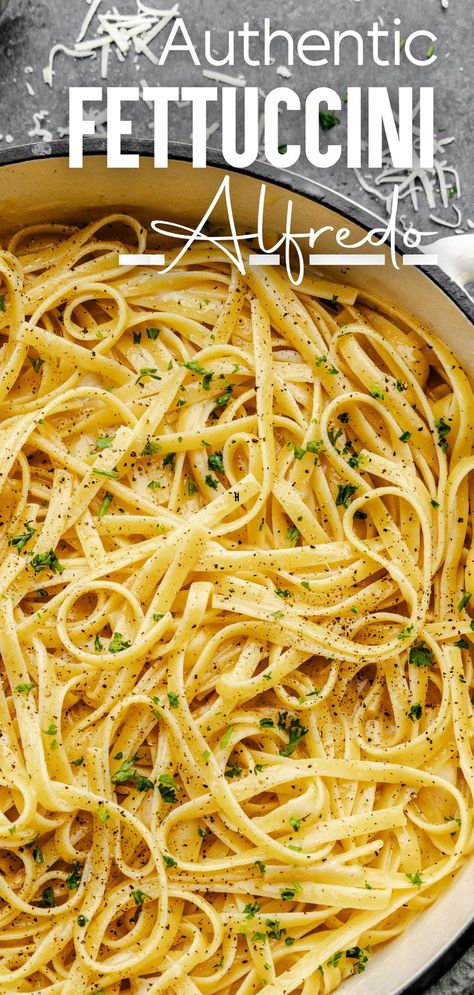 An overhead picture of a white pot filled with fettuccini alfredo topped with cracked pepper and fresh parsley. Brown Butter Alfredo, Recipes With Fettuccine Noodles, Brown Butter Pasta, Pasta Entrees, Fettuccini Alfredo, Fettuccine Noodles, Stay At Home Chef, Butter Pasta, Fettuccine Alfredo