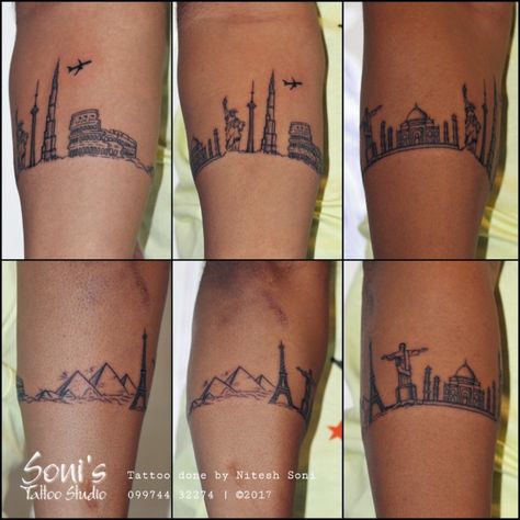 Wonders Tattoo Eiffel Tower Tattoo | Taj Mahal Tattoo | Statue of liberty Tattoo | CN Tower Tattoo | Burj Khalifa Tattoo | Gizah Pyramids Tattoo Armband Tattoo  Soni's Tattoo Studio  09974432274 #sonistattoo  Done at @sonistattoo Done by @nitesh_devi_soni Taj Mahal Tattoo Ideas, Burj Khalifa Tattoo, Cn Tower Tattoo, Taj Mahal Tattoo, Mahal Tattoo, Pyramids Tattoo, Eiffel Tower Tattoo, Tattoo Armband, Statue Of Liberty Tattoo