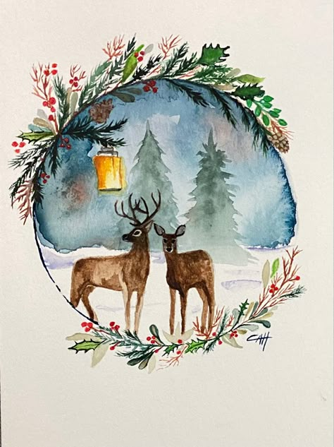 Watercolor Christmas Cards Artwork, Christmas Themed Watercolor Paintings, Ink Watercolor Illustration, Watercolour Inspiration Christmas, Christmas Painted Cards, Christmas Drawing Watercolor, Christmas Card Painted, Christmas Art Watercolor, Christmas Card Art Watercolor