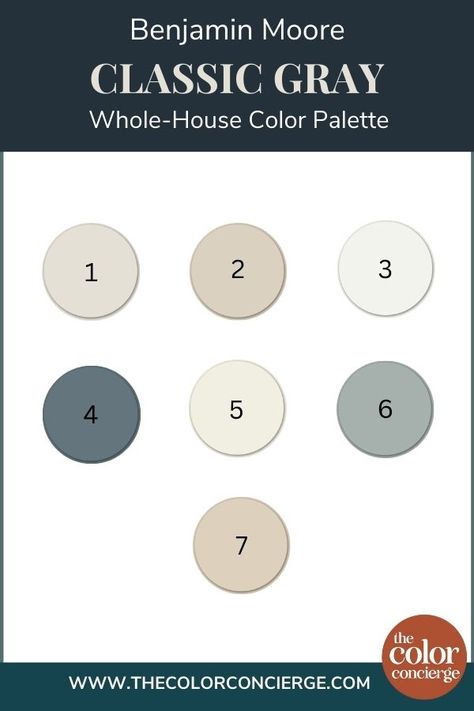 Classic Gray Color Palette, Wickham Gray Benjamin Moore, Interior Design Small House, Bm Classic Gray, Colors That Compliment Grey, Color Palette Classic, Color Palette Earthy, House Color Schemes Interior, Benjamin Moore Edgecomb Gray