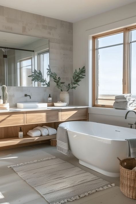 Get Inspired: 27 Beautiful Bathtub ideas for Every Style Scandinavian Farmhouse Bathroom, Scandi Bathroom Scandinavian Style, Bathroom With Wooden Floor, California Casual Bathroom, Bathroom Interior Design Modern Master Bath, Bathroom Inspiration Scandinavian, Luxury Ensuite Bathroom, Bathroom Scandinavian Style, Minimalist Modern Bathroom