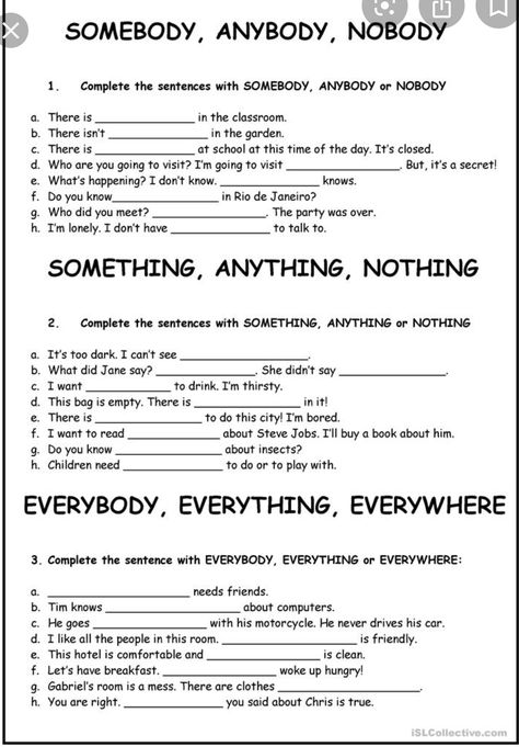 Indefinite Pronouns Worksheets, Pronouns Worksheet, Indefinite Pronouns, Incomplete Sentences, English Conversation Learning, Materi Bahasa Inggris, English Exercises, English Worksheets For Kids, Interesting English Words