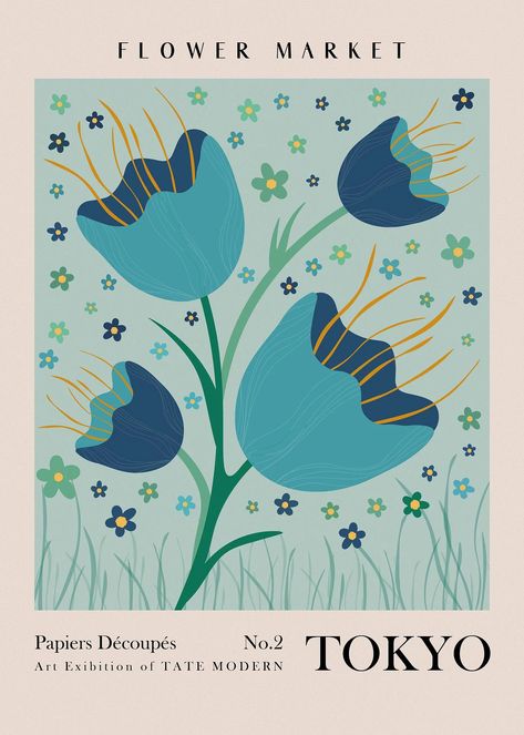 Modern Floral Illustration, Light Blue Posters Aesthetic, Blue Illustration Aesthetic, Flower Market Tokyo, Market Illustration, Flower Market Print, Modern Art Styles, Floral Graphics, Tokyo Art