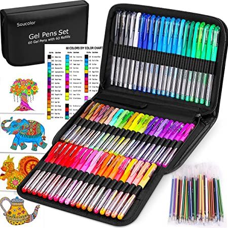 Amazon.com : Soucolor Gel Pens for Adult Coloring Books, Deluxe 120 Pack-60 Colored Gel Pens, 60 Refills and Travel Case, with 40% More Ink Gel Art Markers Set for Drawing Journaling Scrapbooking Art Kit Supplies : Arts, Crafts & Sewing Glitter Gel Pens, Felt Tip Markers, Art Pens And Markers, Gel Pens Set, Glitter Pens, Art Pens, Coloring Markers, Markers Set, Pen Refills