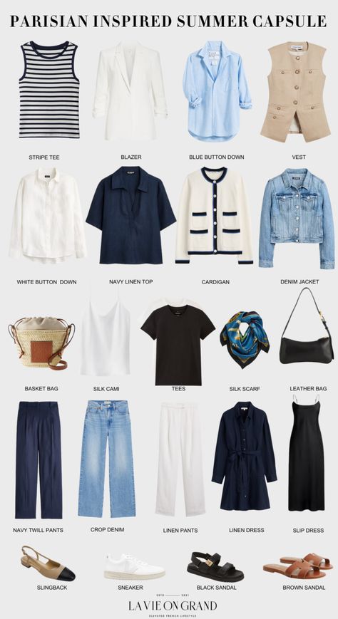 22 pieces part of a parisian inspired capsule to wear this summer season and what to wear in Paris. Paris Summer Outfits 2024, Summer Capsule Wardrobe 2024, Packing Capsule, Summer Wardrobe Capsule, Dress Like A Parisian, Parisian Outfits, Wardrobe Minimalist, Dress Smart, Canada Trip