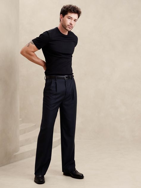 This relaxed pant is expertly cut with a wide leg and puddle hem in our signature Italian hopsack fabric, selected for its basketweave texture and exceptional drape.  Mid rise.  Wide leg with extra length for a break at the hem Fabric from Italy's Reda Mill.  Zip-fly with button closure.  Belt loops.  Four-pocket styling.  Wide-leg fit: High rise.  Tailored for the at-ease fit of traditional trousers, but with the extra wide-leg and full length of puddle-hem pants.  Wide leg opening measures 10" flat.  Inseams: Short 28. 5", Regular 30. 5", Tall 33. 5" Model: Size 32 Regular, 6'2" (188cm). Mens Bootcut Dress Pants, Affordable Men's Business Casual Pants, Suit Pants And Shirt Men, Mens Casual Pants 2022, Navy Groom Pants, Mens Dress Pants Nordstrom, Mens Dress Pants For Work, Pants For Man 2022, Mens Single Pleat Pants