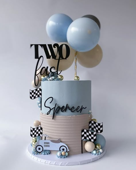 TWO FAST ✨ Another cutie for Spencer’s second birthday - love this theme 🏎️🩵 Inspo from @mamaloveshighstreet birthday party styling… | Instagram Too Fast Cake Ideas, Two Fast Themed Birthday Party, Fast Two Birthday Theme, Too Fast Birthday Party Cake, Growing Up 2 Fast Birthday Cake, Fast One Cake Ideas, 2nd Birthday Boy Party Ideas, Birthday Themes For Boys 2nd, Second Birthday Party Themes Boy