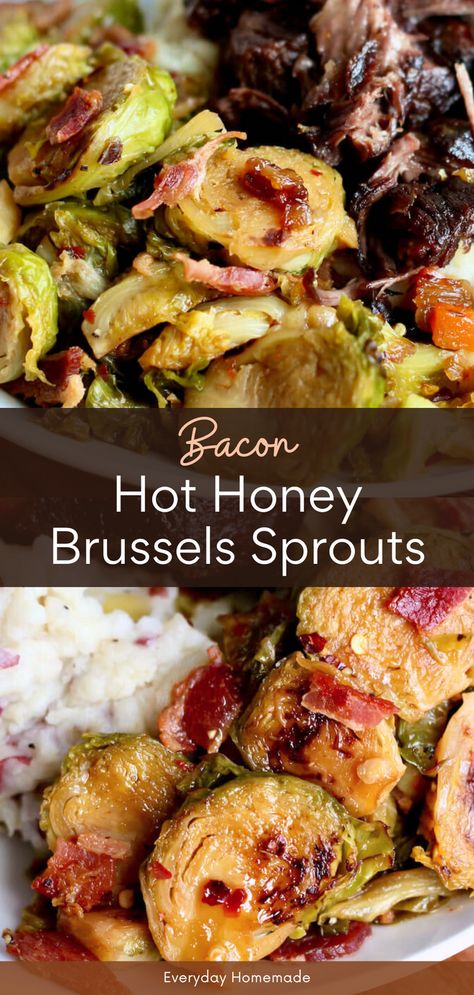 Elevate your fall food game with Bacon Hot Honey Brussels Sprouts! This recipe turns Brussels sprouts into a delightful side dish or fancy appetizer with the perfect blend of smoky bacon and spicy-sweet hot honey. Ideal for fall cooking and football gatherings, these sprouts bring a gourmet touch to any meal. Enjoy a delicious, crowd-pleasing treat this season! Brussel Sprout Hot Honey, Braised Brussel Sprouts With Bacon, Burnt Brussel Sprouts Recipe, Cooked Bacon Recipes, Brussel Sprouts And Bacon Recipes, Spicy Honey Brussel Sprouts, Pork Belly Brussel Sprouts, Easy Fall Meals For A Crowd, Low Calorie Brussel Sprout Recipes