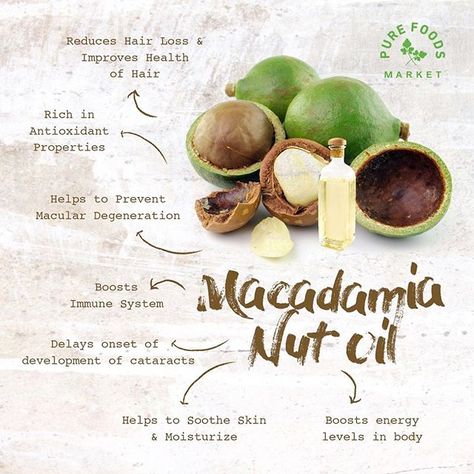 Macadamia nut oil is clear to slightly amber in color and retains a slightly nutty flavor, as macadamia nuts are quite strong in their flavor. In terms of uses, macadamia nut oil is used in culinary applications (typically as a frying oil), but also in certain cosmetics for the hair and skin. The composition of the acid makes it very stable, which is why it is so highly praised in cosmetic applications. Now, let’s take a closer look at some of the important health benefits of macadamia nut oil:⠀ Macadamia Oil Benefits, Curious Facts, Macadamia Nut Oil, Oil For Hair, Macadamia Nut, Boost Immune System, Macadamia Oil, Diy Skincare, Frying Oil