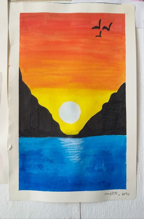 Sunset Simple Painting, Easy Acrylic Painting Ideas Sunset, Easy Pastel Art For Beginners, Pictures To Paint On Canvas Simple, Easy Paintings Sunset, Easy Water Coloring Ideas For Beginners, Sunset Easy Drawing, Landscape Drawings Easy For Kids, Sunset Easy Paintings