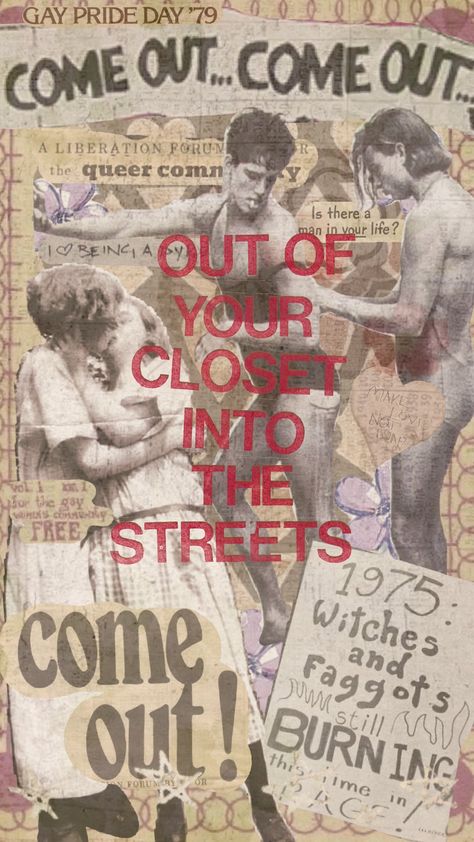 come out come out wherever you are (no pressure tho, only if you're safe ready and want to) #gay #lgbtq #lesbian #queer #vintage #oldfashioned #queerart #love #resistance #vintagequeer Queer Protest 70s, Queer Friendship Aesthetic, Vintage Queer Art, Queer Witchcraft, Queer Art Illustration, Queer Collage, Queer Painting, Queer Posters, Queer Halloween