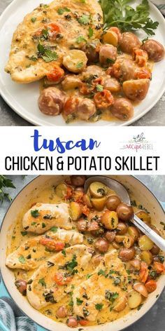 One Pan Tuscan Chicken, Chicken Potato Skillet, Chicken And Potato Skillet, Dinner Skillet, Potato Skillet, Chicken And Potato, Chicken Potato, Parmesan Cream Sauce, Skillet Potatoes