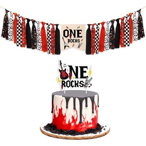 PRICES MAY VARY. One Rocks Birthday Decorations - This package includes 1pc fabric garland and 1pc cake topper. The size of the garland is about 33 inches long, which is a nice addition to the 1st birthday party decor. Easy To Assemble - The “One Rocks” cake topper is fully assembled. The fabric banner is pre-strung with a rope. No DIY required. It comes with some glue dots, and you just need to stick the banner on the high chair. Also looks adorable hung on the fireplace, smash cake photos, or Born To Rock Party, Rock And Roll Theme, 1st Birthday Party Decor, Born To Rock, Rock And Roll Birthday, Party Photo Booth Props, Rock N Roll Party, Rock Cake, Party Flags