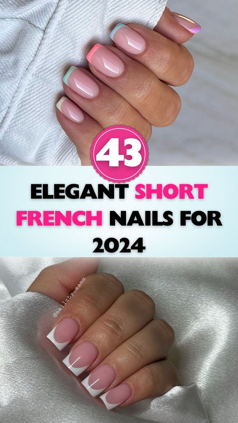 Discover stunning short French nails for a chic look in 2024. Squoval Nails French Tip Color, French Manicure Ideas Classy, Short Classy Nails French Tips, Short Nails Ideas French Tip Color, French Powder Nails, Modern French Tip Nails Classy, Different French Manicure Ideas Square, French Tips 2024, French Manicure 2024 Trends