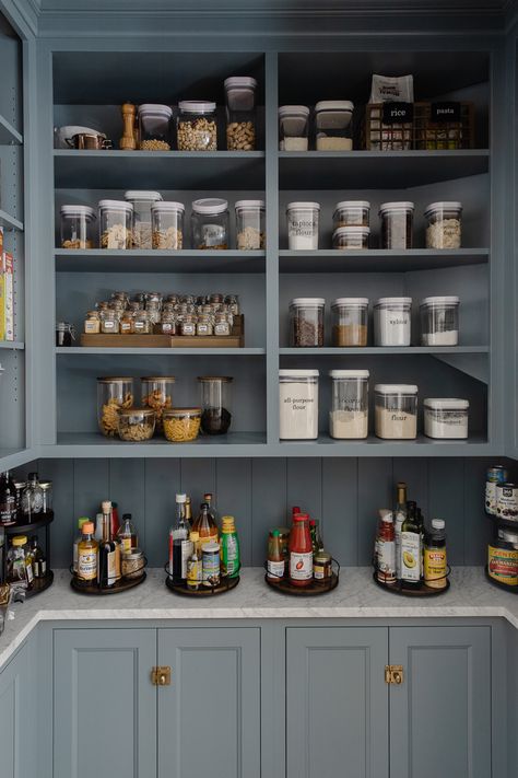 Pantry Lighting, Dreamy Kitchens, Organized Pantry, Pantry Remodel, Blue Gray Paint, Walnut Doors, Kitschy Kitchen, Chris Loves Julia, Kitchen Aesthetic