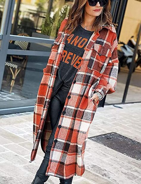 Peaceglad Women's Lounge Lapel Button Up Long Sleeve Plaid Long Shirt Jacket Shacket(Orange-Red,L) at Amazon Women’s Clothing store Preppy Granny, Long Plaid Coat, Plaid Trench Coat, Shirt Collar Styles, Plaid Sleeve, Loose Coats, Mode Boho, Langer Mantel, Long Trench Coat