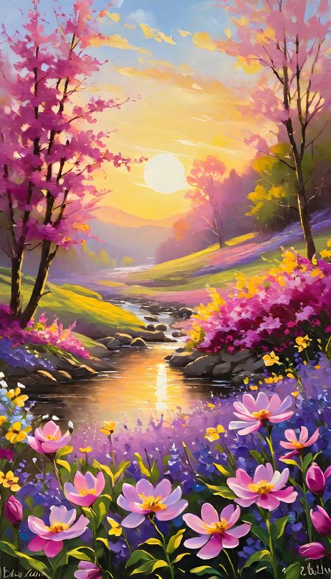 Flowers Scenery Painting, Flower Landscape Painting Acrylic, Simple Landscape Pictures, Beautiful Nature Painting, Spring Season Painting, Spring Scenery Painting, Nature Scenery Painting, Watercolor Scenery Painting, Beautiful Scenery Paintings