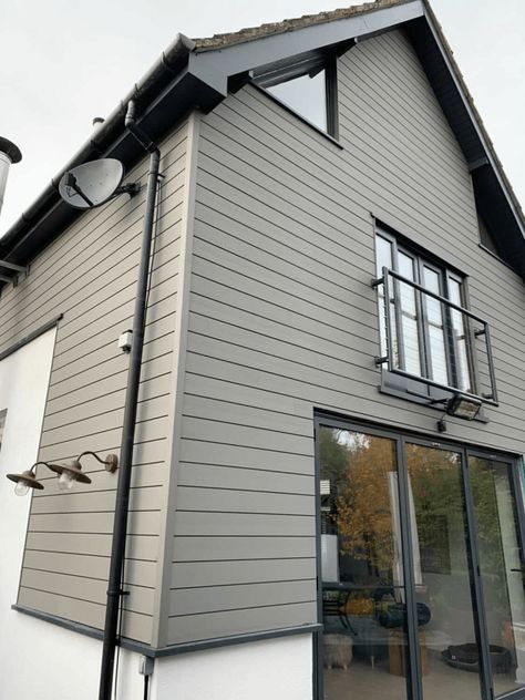 Grey Wall Cladding, Exterior Wall Cladding Ideas, Grey Home Exterior, Wall Cladding Ideas, 1930s House Exterior, Cladding Ideas, Decking Options, Composite Cladding, Exterior Wall Cladding