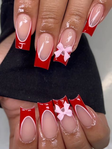 Pink Red Bottom Nails, Pink And Red Nails Acrylic, Red Wine French Tip Nails, Red Acrylic Nails Short, Red Acrylic Nails Coffin, Red Nails Design, Red Bottom Nails, Birthday 22, Bad Nails