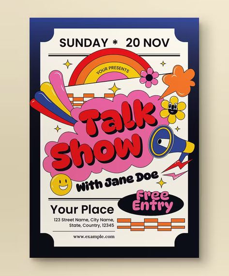 Pink 70's Talk Show Flyer Template AI, PSD Canva Event Poster, Poster Flyer Design, Canva Flyer Design, Retro Event Poster, Cute Flyer Design, Talk Show Poster Design, Seminar Poster Design Events, Poster Inspo Graphic Design, Flyer Design Layout Creative