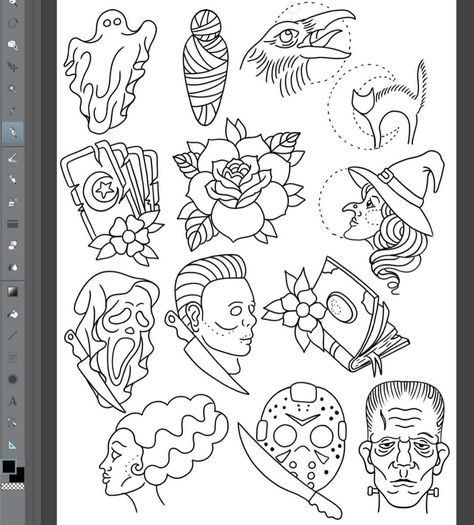 Tattoo Area Ideas, Halloween Tattoo Outline, Frankenstein Flash Tattoo, American Traditional Halloween Flash, Outline Flash Tattoo, Halloween Flash Tattoo Sheet, Halloween Flash Sheet Tattoo, Halloween Flash Art, Halloween Traditional Tattoo