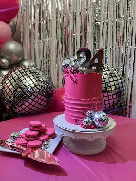 Pink Disco Cake Ideas, Hot Pink Disco Cake, Pink Disco Birthday Cake, Disco Barbie Cake, Pink Disco Cake, Disco Themed Cake, Hot Pink Birthday Cake, Disco Birthday Cake, Pink Disco Party